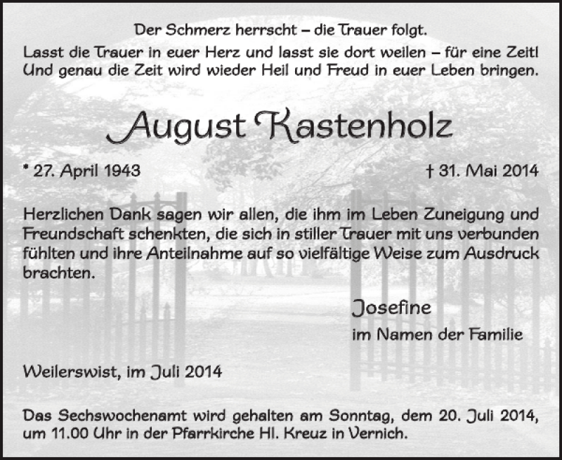  Traueranzeige für August Kastenholz vom 02.07.2014 aus WochenSpiegel