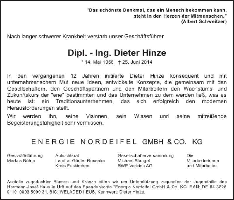  Traueranzeige für Dipl.-Ing. Dieter Hinze vom 09.07.2014 aus WochenSpiegel