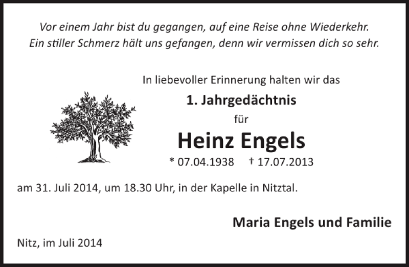  Traueranzeige für Heinz Engels vom 23.07.2014 aus WochenSpiegel