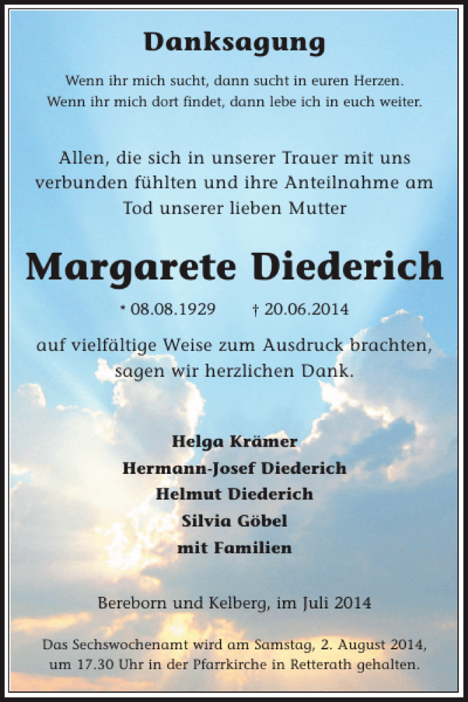  Traueranzeige für Margarete Diederich vom 30.07.2014 aus WochenSpiegel