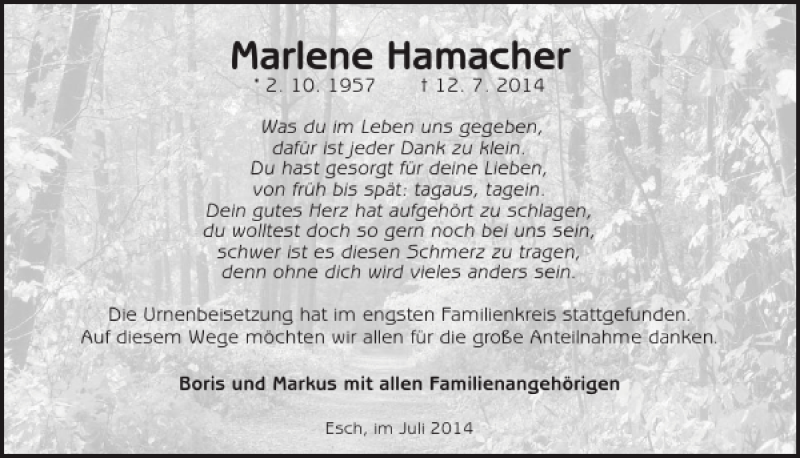  Traueranzeige für Marlene Hamacher vom 23.07.2014 aus WochenSpiegel