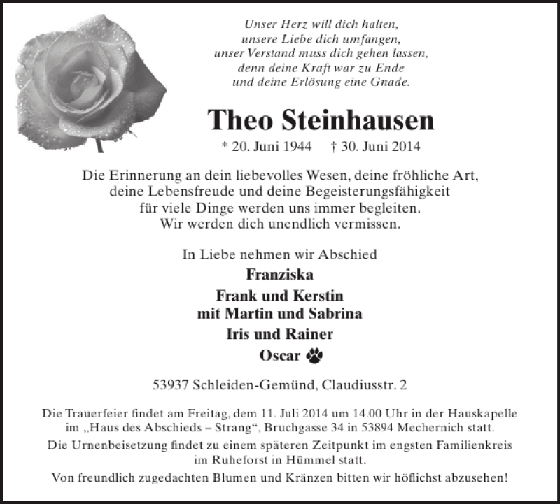  Traueranzeige für Theo Steinhausen vom 09.07.2014 aus WochenSpiegel