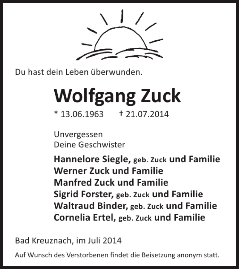  Traueranzeige für Wolfgang Zuck vom 30.07.2014 aus WochenSpiegel