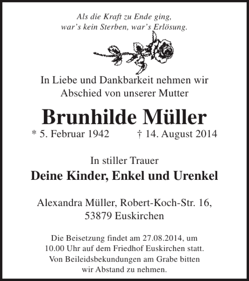  Traueranzeige für Brunhilde Müller vom 20.08.2014 aus WochenSpiegel