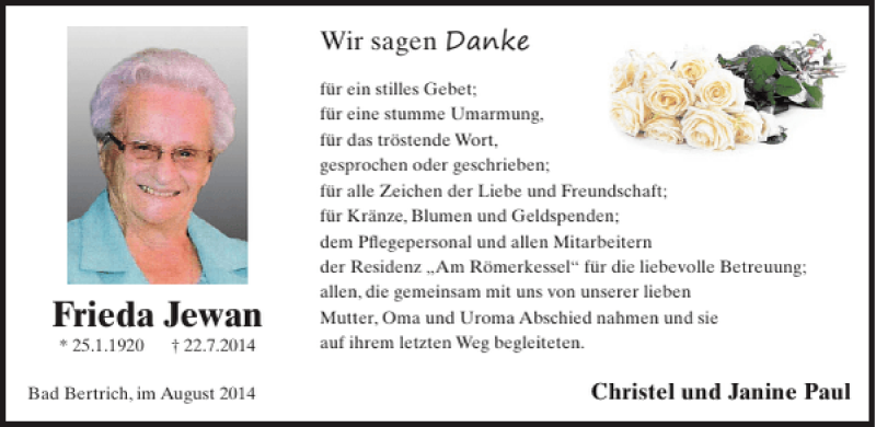  Traueranzeige für Frieda Jewan vom 13.08.2014 aus WochenSpiegel