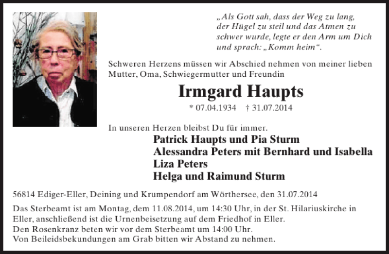  Traueranzeige für Irmgard Haupts vom 06.08.2014 aus WochenSpiegel