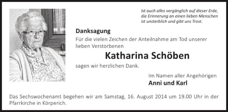  Traueranzeige für Katharina Schöben vom 13.08.2014 aus WochenSpiegel
