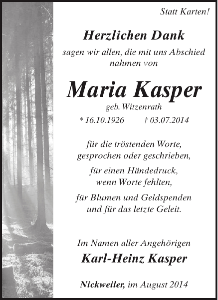  Traueranzeige für Maria Kasper vom 13.08.2014 aus WochenSpiegel