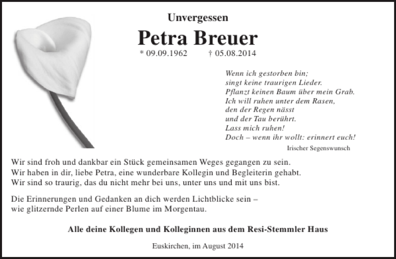  Traueranzeige für Petra Breuer vom 27.08.2014 aus WochenSpiegel