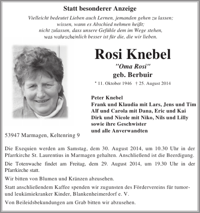  Traueranzeige für Rosi Knebel vom 27.08.2014 aus WochenSpiegel