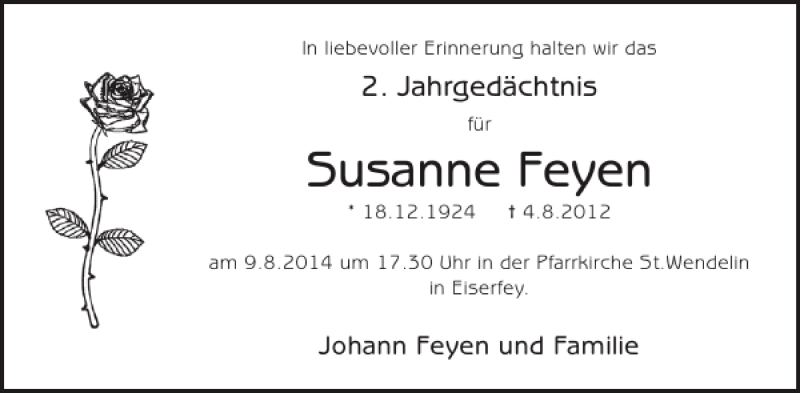  Traueranzeige für Susanne Feyen vom 06.08.2014 aus WochenSpiegel