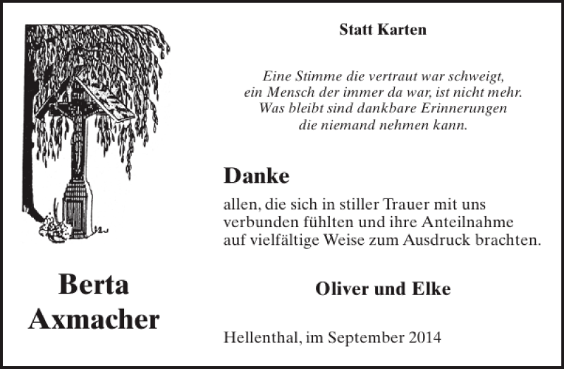  Traueranzeige für Berta Axmacher vom 17.09.2014 aus WochenSpiegel