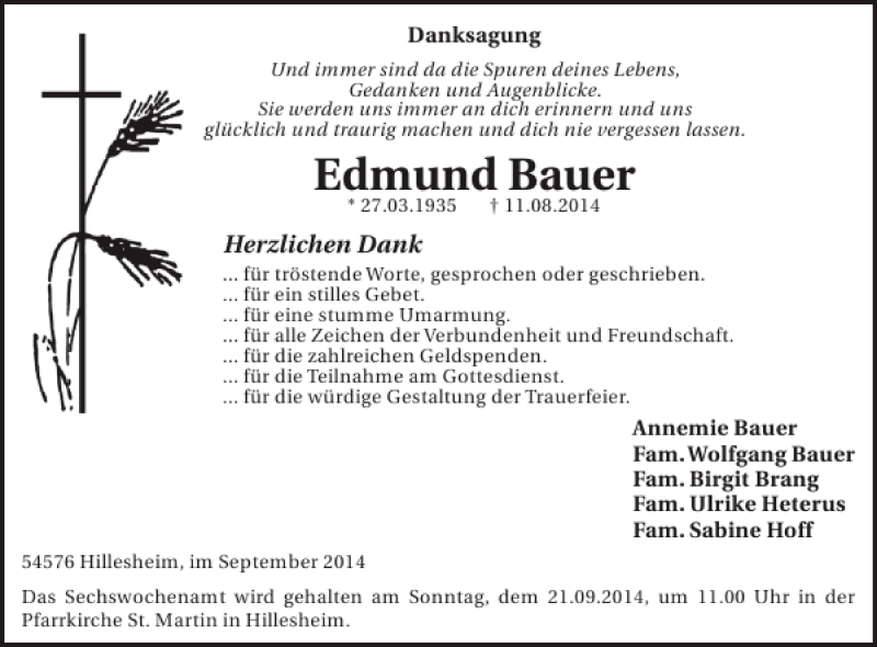  Traueranzeige für Edmund Bauer vom 10.09.2014 aus WochenSpiegel