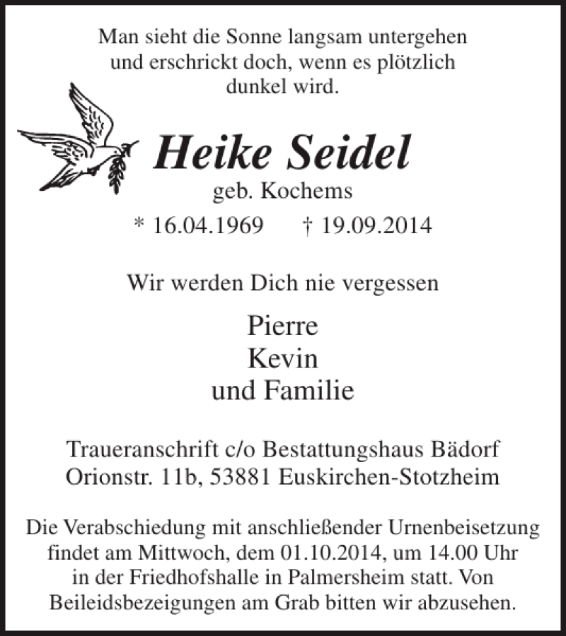  Traueranzeige für Heike Seidel vom 24.09.2014 aus WochenSpiegel
