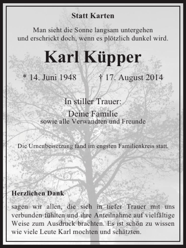  Traueranzeige für Karl Küpper vom 10.09.2014 aus WochenSpiegel