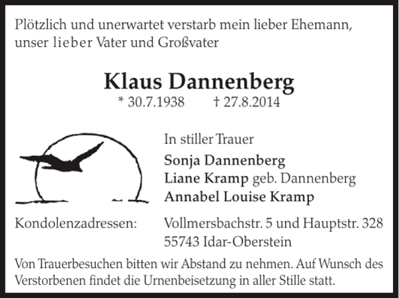 Traueranzeige für Klaus Dannenberg vom 03.09.2014 aus WochenSpiegel