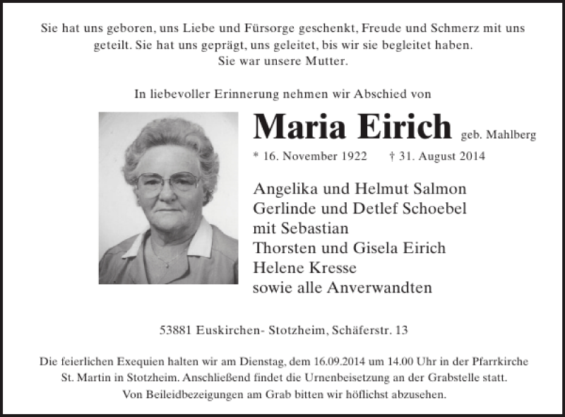  Traueranzeige für Maria Eirich vom 10.09.2014 aus WochenSpiegel