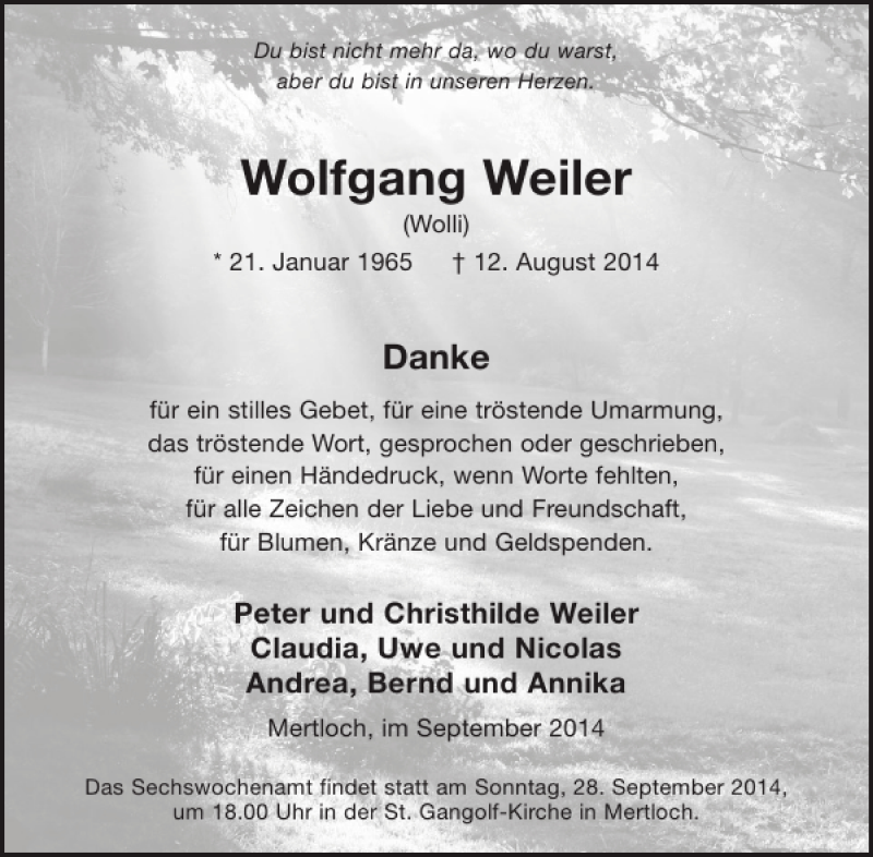  Traueranzeige für Wolfgang Weiler vom 24.09.2014 aus WochenSpiegel