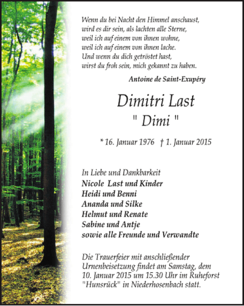  Traueranzeige für Dimitri Last vom 07.01.2015 aus WochenSpiegel