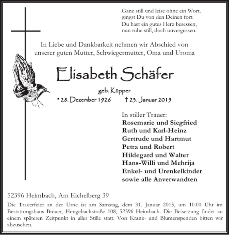  Traueranzeige für Elisabeth Schäfer vom 28.01.2015 aus WochenSpiegel