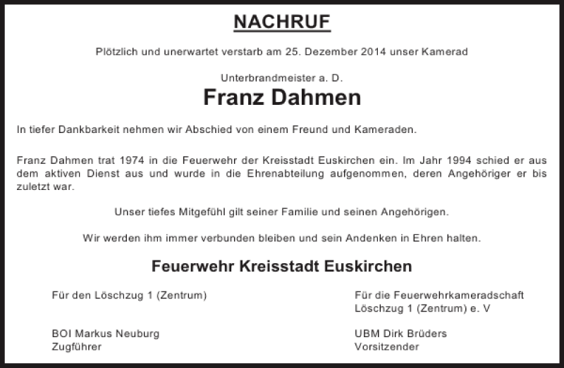  Traueranzeige für Franz Dahmen vom 14.01.2015 aus WochenSpiegel
