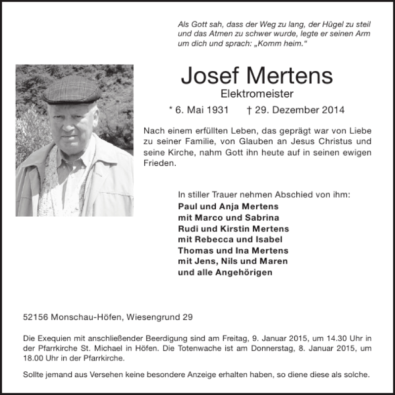  Traueranzeige für Josef Mertens vom 07.01.2015 aus WochenSpiegel