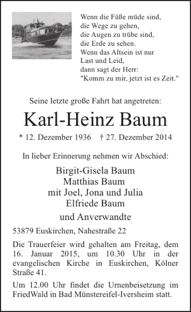  Traueranzeige für Karl-Heinz Baum vom 07.01.2015 aus WochenSpiegel