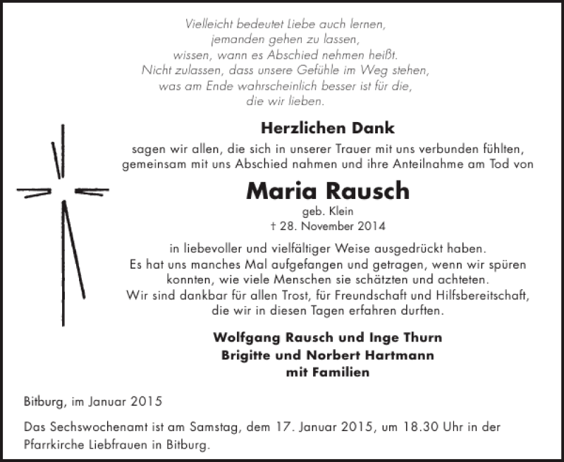  Traueranzeige für Maria Rausch vom 14.01.2015 aus WochenSpiegel