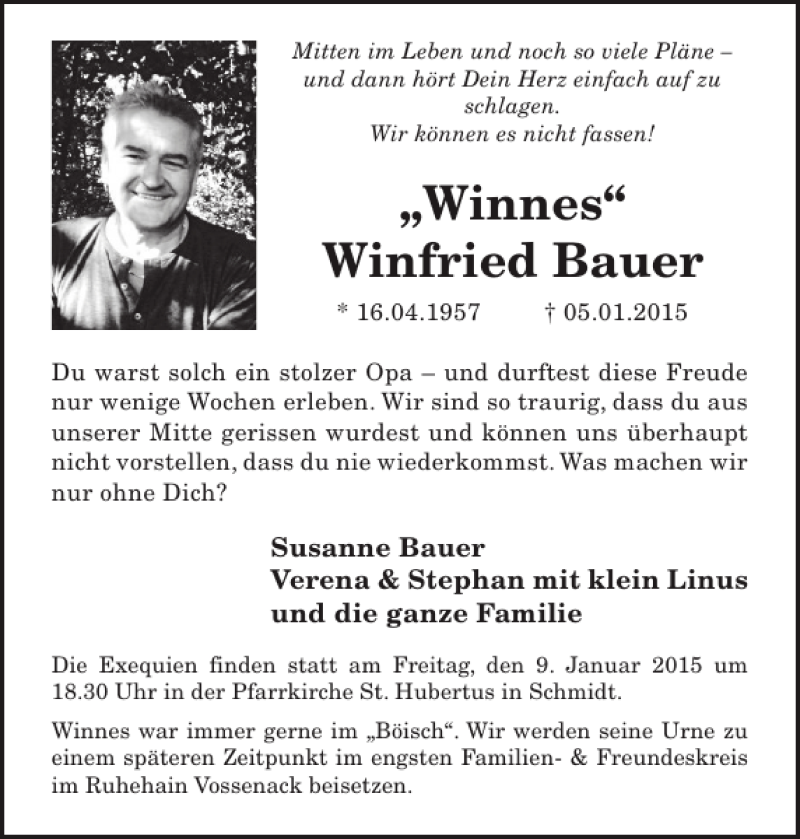  Traueranzeige für Winnes Winfried Bauer vom 07.01.2015 aus WochenSpiegel