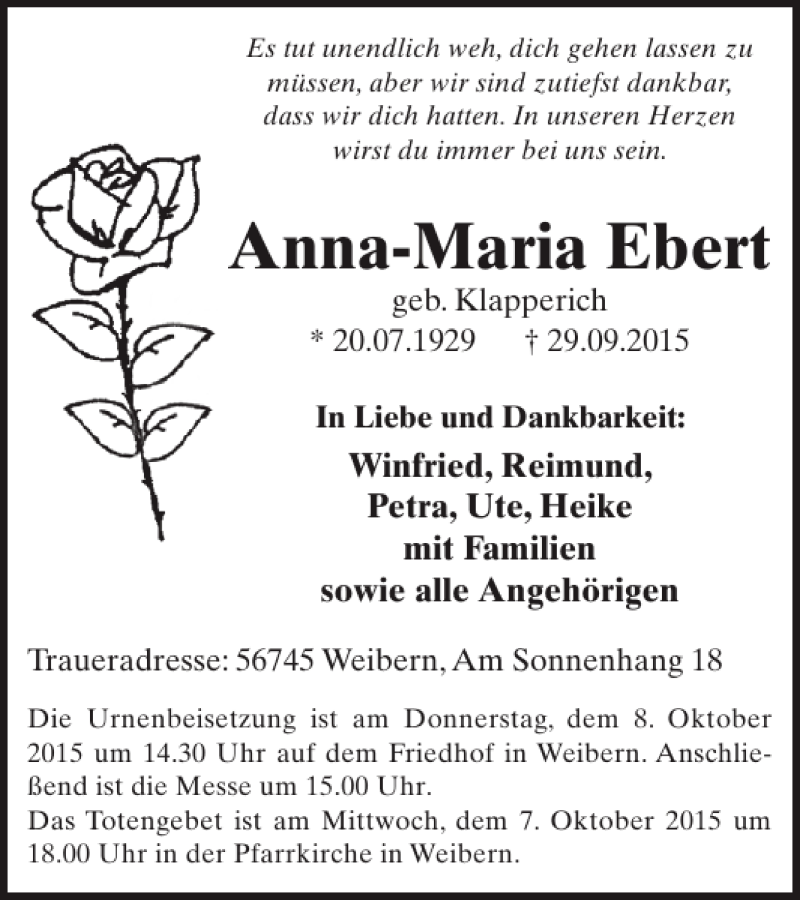  Traueranzeige für Anna-Maria Ebert vom 07.10.2015 aus WochenSpiegel