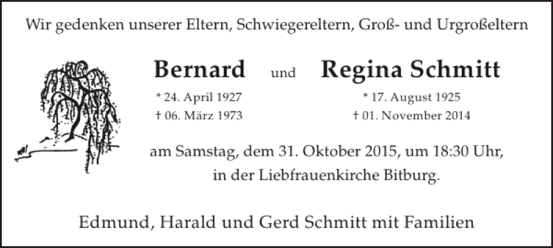  Traueranzeige für Bernard Regina Schmitt vom 28.10.2015 aus WochenSpiegel