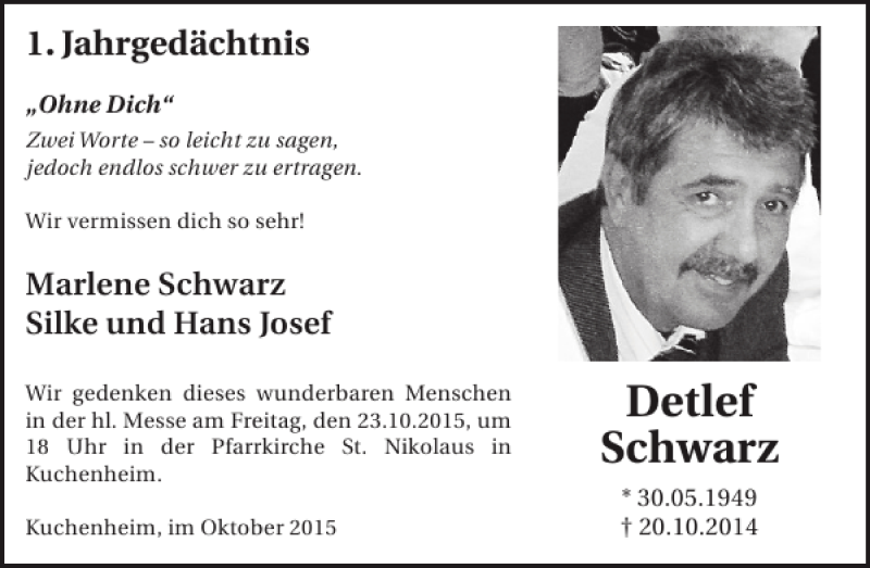  Traueranzeige für Detlef Schwarz vom 14.10.2015 aus WochenSpiegel