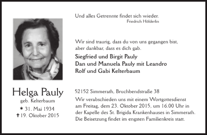  Traueranzeige für Helga Pauly vom 21.10.2015 aus WochenSpiegel