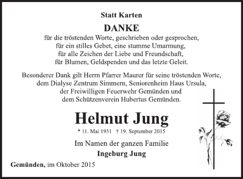  Traueranzeige für Helmut Jung vom 21.10.2015 aus WochenSpiegel