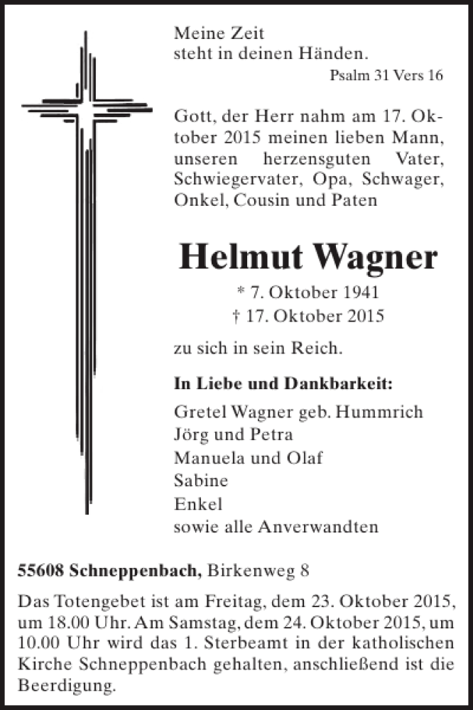  Traueranzeige für Helmut Wagner vom 21.10.2015 aus WochenSpiegel