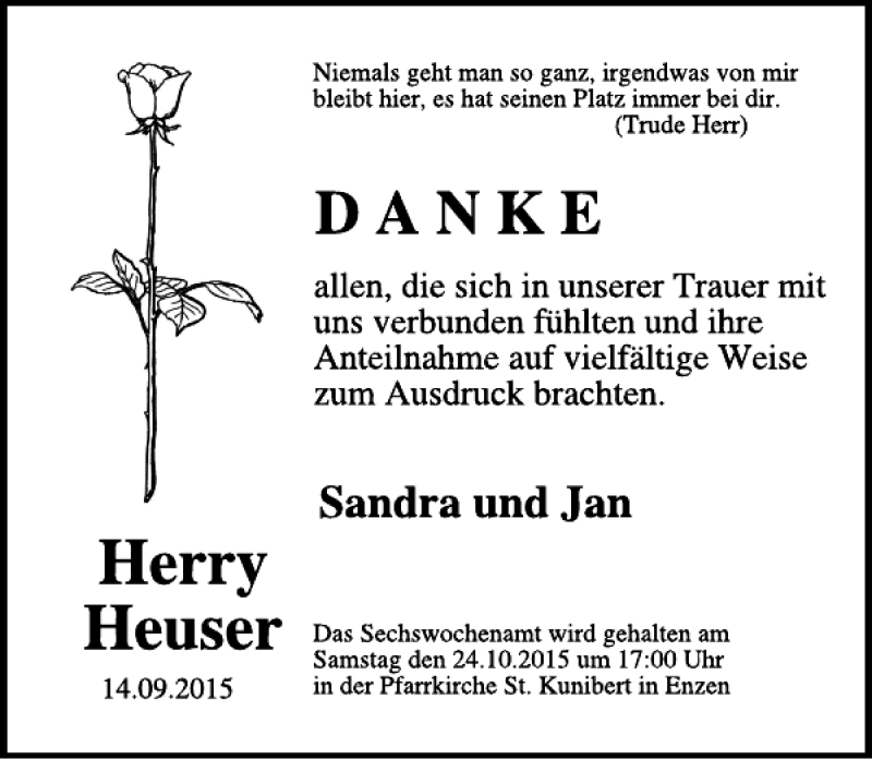  Traueranzeige für Herry Heuser vom 14.10.2015 aus WochenSpiegel