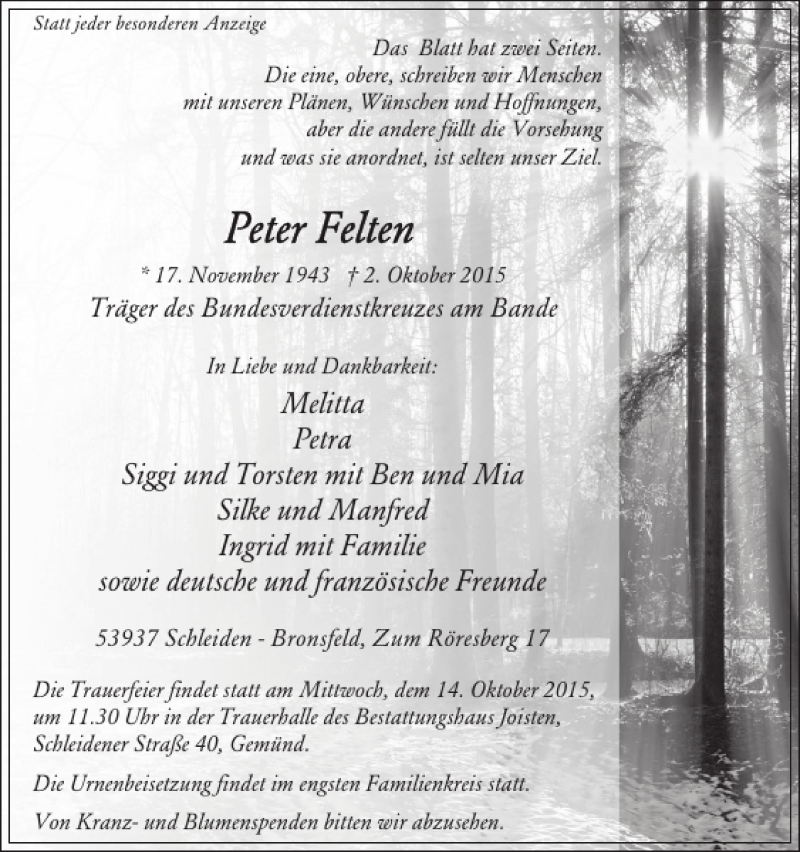  Traueranzeige für Peter Felten vom 07.10.2015 aus WochenSpiegel