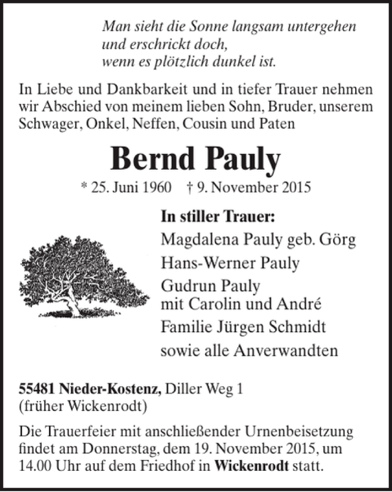  Traueranzeige für Bernd Pauly vom 18.11.2015 aus WochenSpiegel