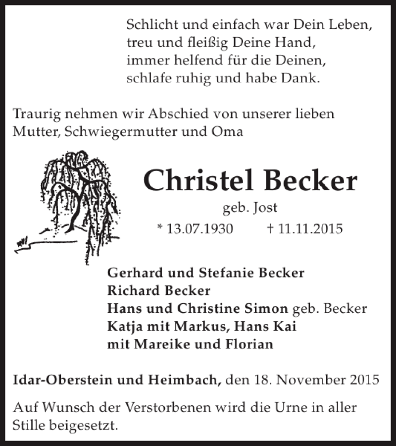  Traueranzeige für Christel Becker vom 18.11.2015 aus WochenSpiegel