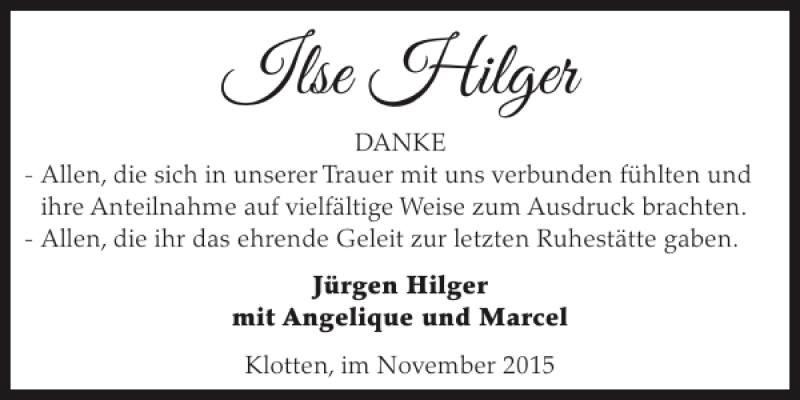  Traueranzeige für Ilse Hilger vom 25.11.2015 aus WochenSpiegel