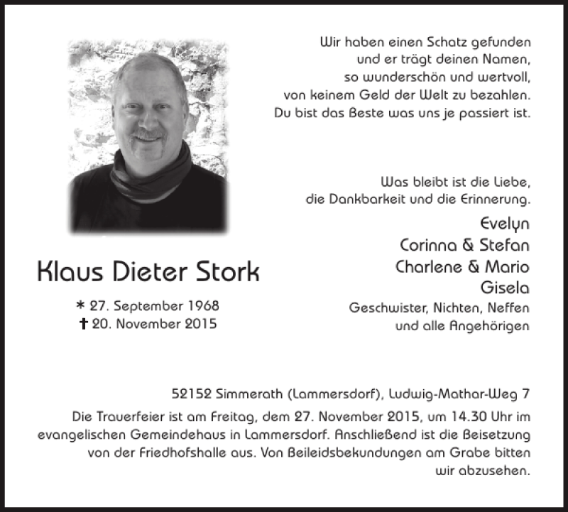  Traueranzeige für Klaus Dieter Stork vom 25.11.2015 aus WochenSpiegel