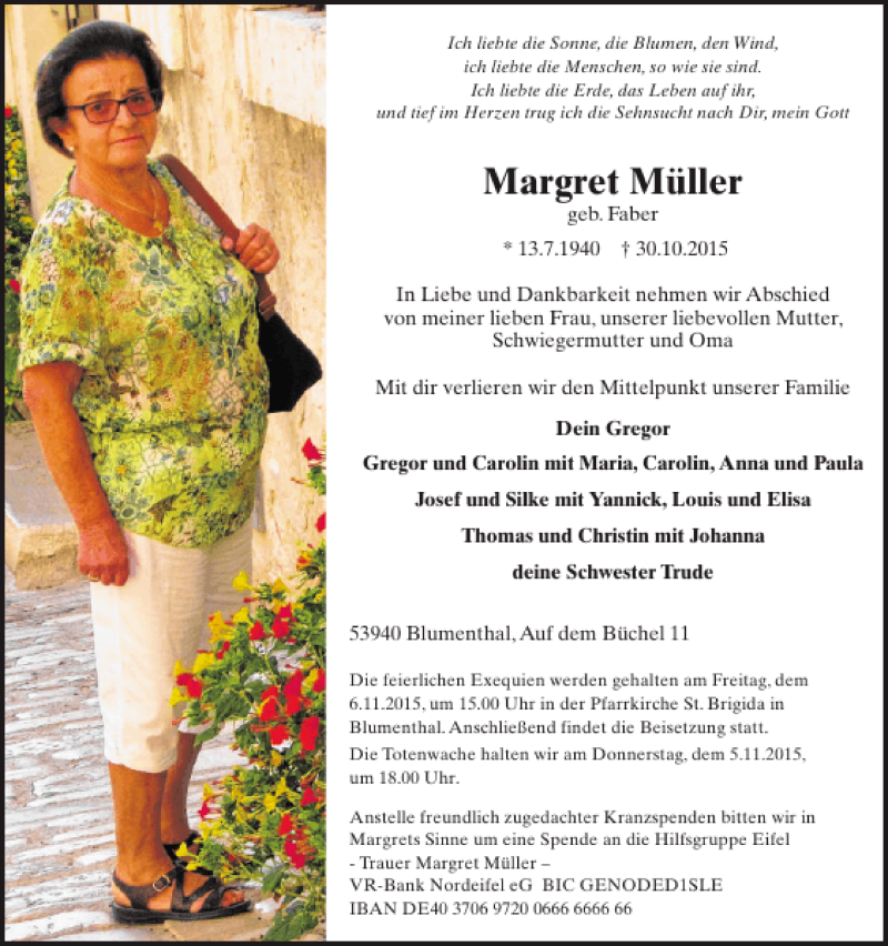  Traueranzeige für Margret Müller vom 04.11.2015 aus WochenSpiegel