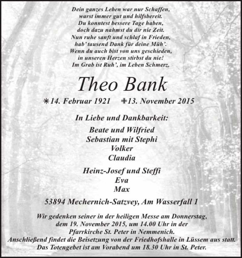  Traueranzeige für Theo Bank vom 18.11.2015 aus WochenSpiegel