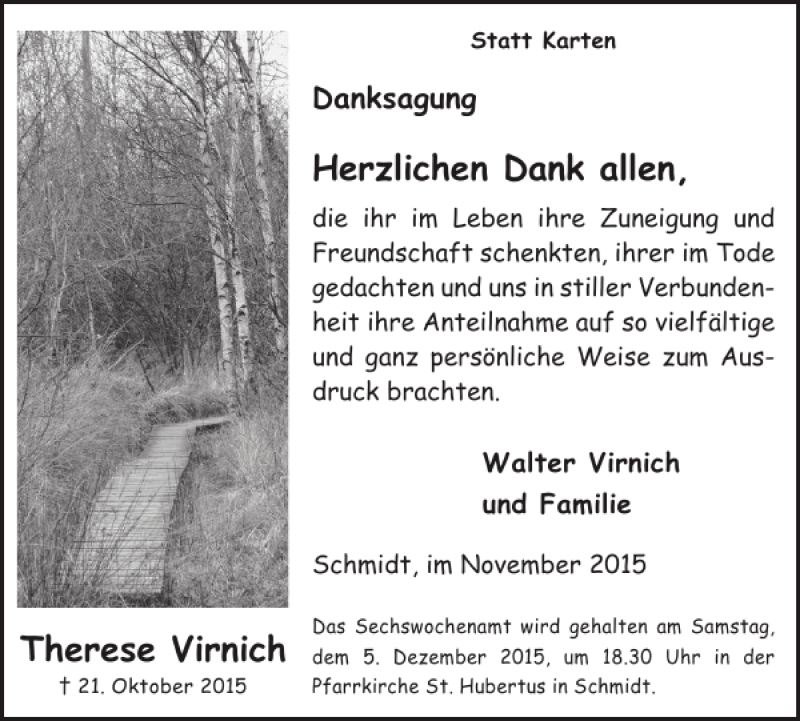  Traueranzeige für Therese Virnich vom 25.11.2015 aus WochenSpiegel