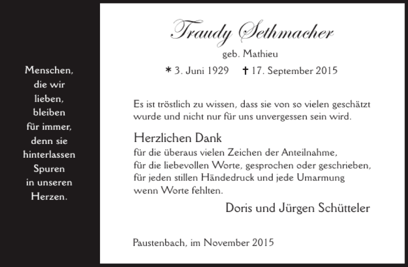  Traueranzeige für Traudy Sethmacher vom 04.11.2015 aus WochenSpiegel
