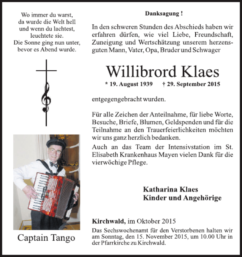  Traueranzeige für Willibrord Klaes vom 04.11.2015 aus WochenSpiegel