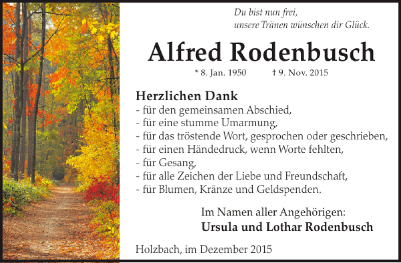  Traueranzeige für Alfred Rodenbusch vom 30.12.2015 aus WochenSpiegel