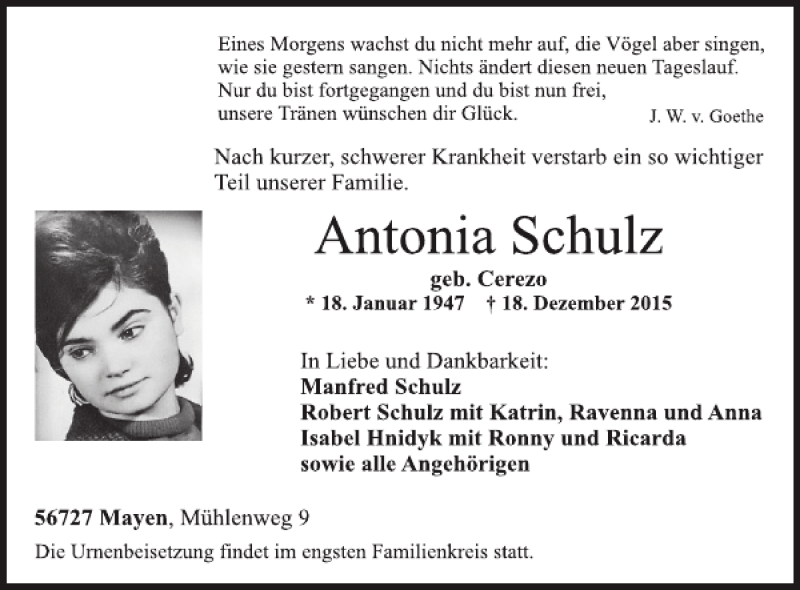  Traueranzeige für Antonia Schulz vom 23.12.2015 aus WochenSpiegel