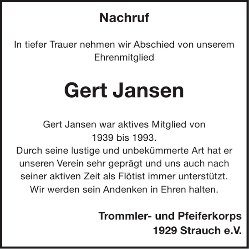  Traueranzeige für Gert Jansen vom 23.12.2015 aus WochenSpiegel