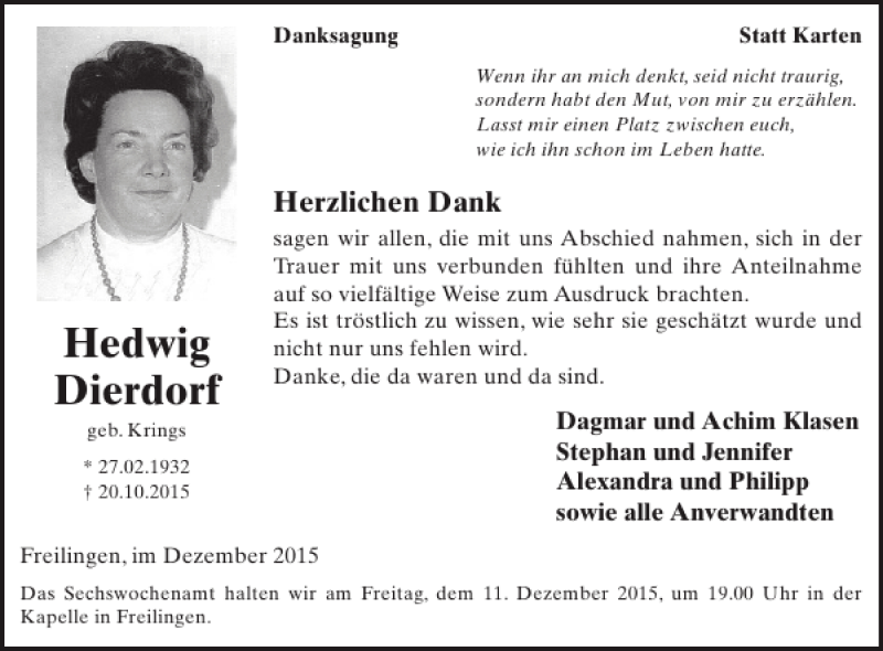  Traueranzeige für Hedwig Dierdorf vom 02.12.2015 aus WochenSpiegel